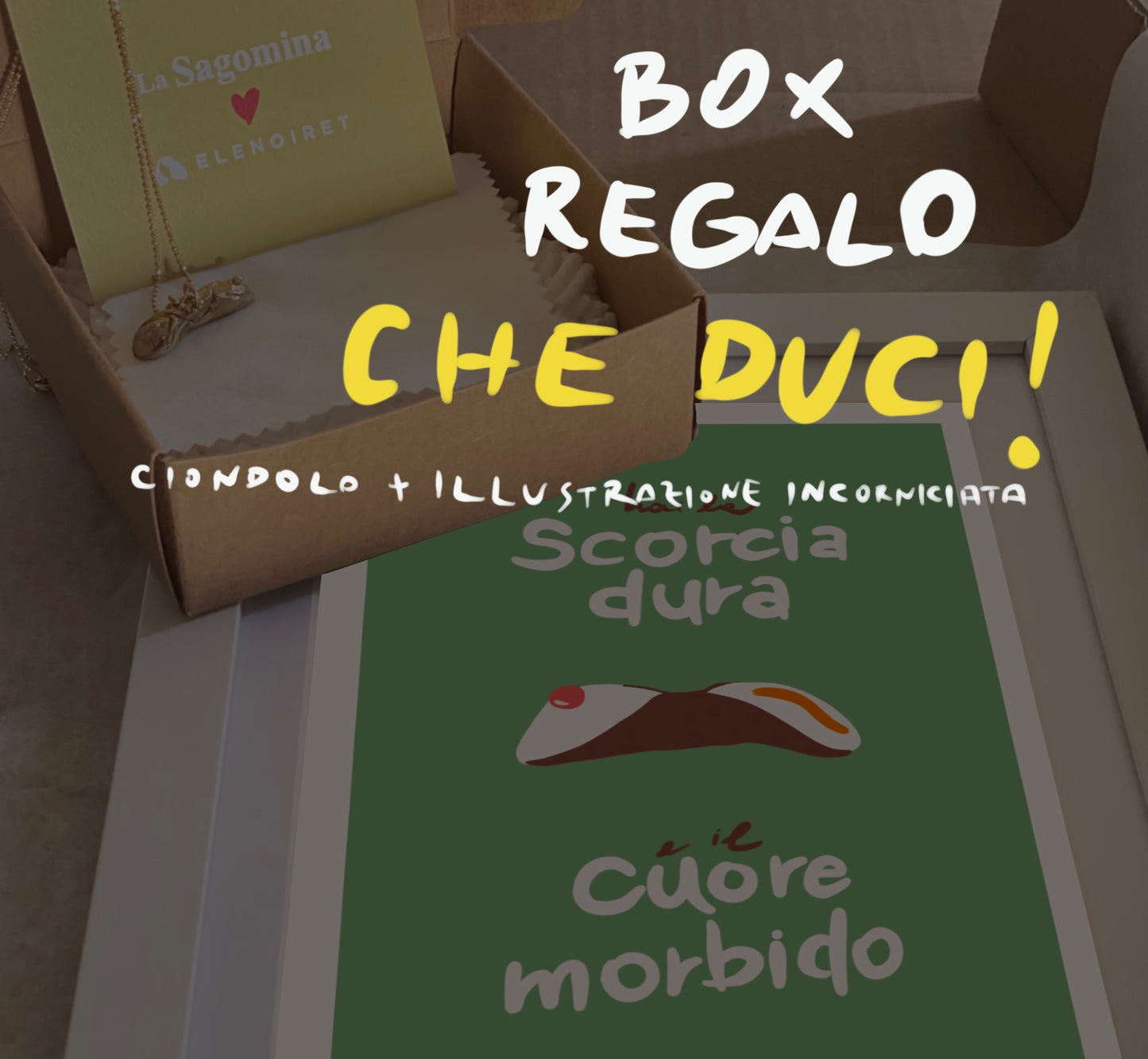 Box regalo ciondolo cannolo+ illustrazione incorniciata